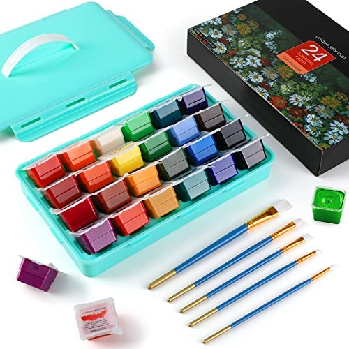 Gouache Paint Set of 24 Colors x 30ml(1 fl oz) with 5 Panit Brushes for Beginners, Cute Jelly Cups & Portable Case Design