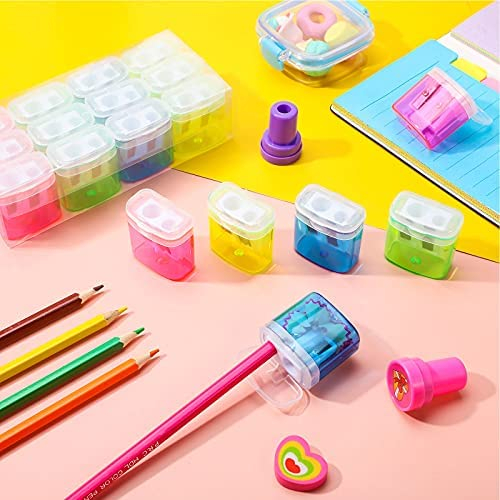 48 Pieces Pencil Sharpeners Manual Double Hole Pencil Sharpener with Lid Hand for School Office Home, Handheld Plastic Crayon Sharpener
