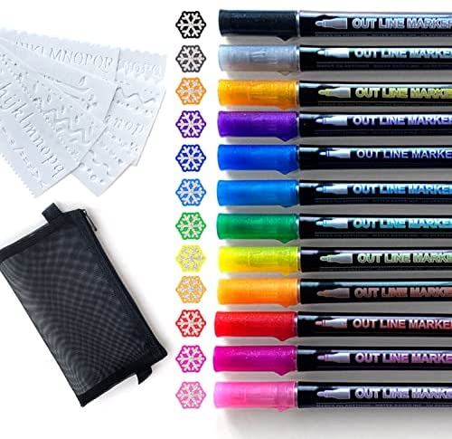 Squiggle Metallic Outline Markers – 12 Colors of Double Outline Shimmer Markers with 8 Stencils and a Handy Mesh Net Bag for Art & Crafts Projects, Calligraphy