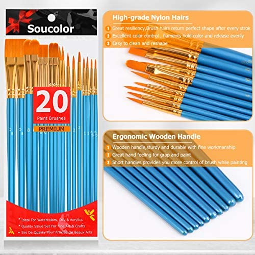 Soucolor Acrylic Paint Brushes Set, 20Pcs Round Pointed Tip Artist Paintbrushes for Acrylic Painting Oil Watercolor Canvas Boards Rock Body Face Nail Art