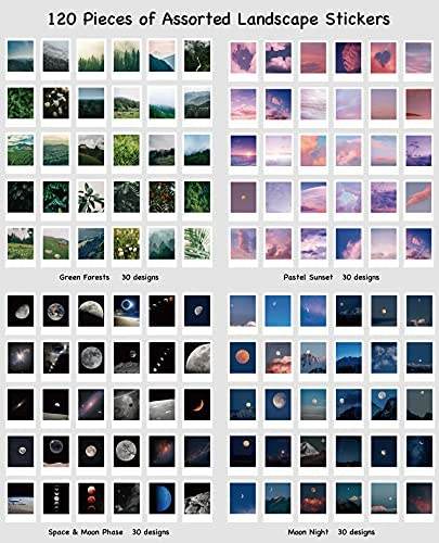 Landscape Nature Stickers Set (120 Pieces), Aesthetic Mountain Forest Sky Cloud Galaxy Space Moon Phase Sunset Natural Scenery Collage Pictures for Art Journaling Scrapbooking Planner Bullet Junk Journal Supplies Notebook DIY Crafts Album Phone Cases Lapt