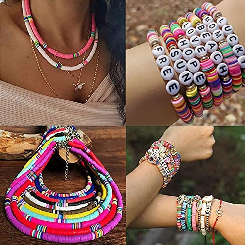 4000pcs Clay Beads for Jewelry Bracelet Making Kit 6mm 24 Colors Flat Polymer Heishi Beads DIY Craft Kit with Smiley Face Letter Bead Jump Rings Elastic String Cord Pendant Charms
