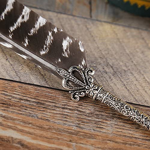 Vintage Antique Feather Pen Stem Metal Writing Quill Pen Set Calligraphy Pen Metal Carving Appearance,with 5 PCS Nibs (Black Wing)