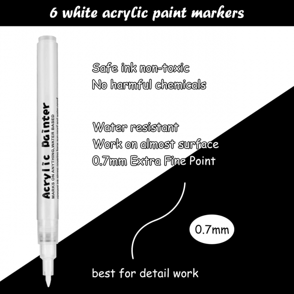 Emooqi 6 Pack 0.7mm Acrylic White Permanent Marker