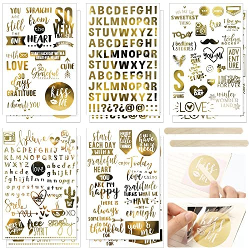 10 Sheets Scrapbook Stickers 400+ PCS Love Stickers Wedding Scrapbook Stickers Gold Stickers Gold Foil Transfer Scrapbooking Supplies Romantic Stickers for Anniversary (Warm Style)