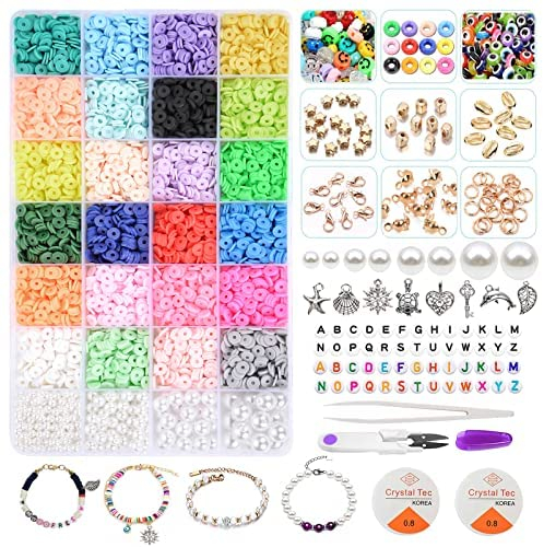 7000Pcs Clay Beads for Bracelets Making,6mm 24 Colors Flat Round Polymer Clay Heishi Beads with Pony Beads
