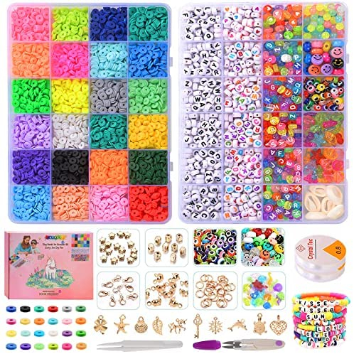 6100pcs Clay Beads for Bracelet Making,Bracelet Making Kit 6mm 24 Colors Flat Round Polymer Clay Spacer Beads with Letter Beads Charms Elastic Strings for Jewelry Making DIY
