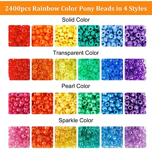 UOONY 4000pcs Pony Beads Kit, Including 2400pcs Rainbow Pony Beads and 1600pcs Letter Beads