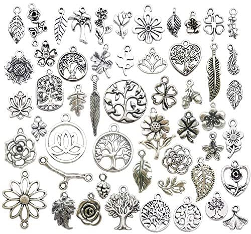 Youdiyla 100pcs Mix Silver Tree Flower Charms Collection, Bulk Mini Small Little Charms Metal Pendant Craft Supplies Findings for Necklace and Bracelet Jewelry Making (HM291)