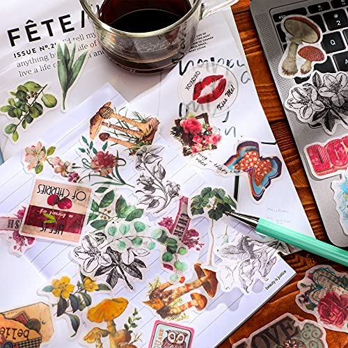 160 Pieces Vintage Scrapbook Stickers Vintage Flower Plant Stickers Retro Butterfly Mushroom Decals Antique Natural Decorative Stickers for Laptop Scrapbooking Journal Planner Card Making