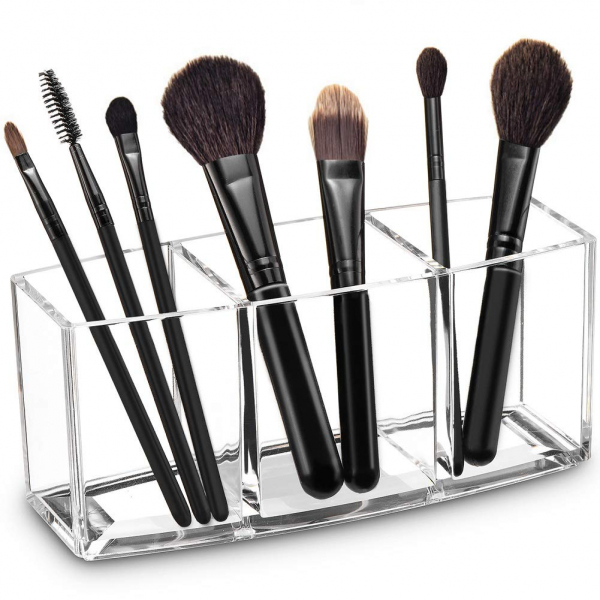 Acrylic Makeup Brush Organizer Holder Clear Cosmetic Brushes Storage with 3 Slots