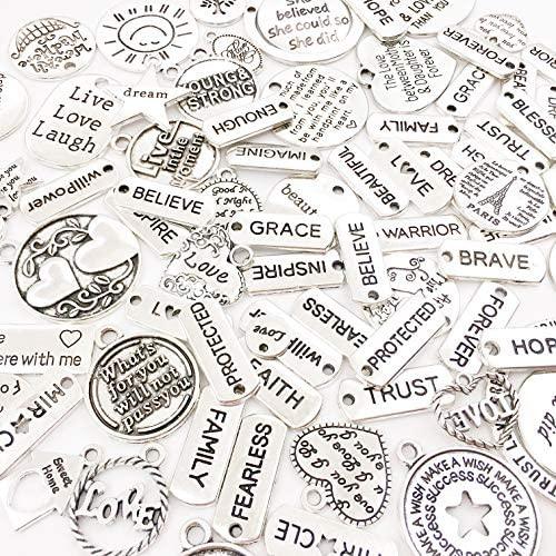 80pcs Inspiration Word Charms Pendants Engraved Motivational Charms Pendants for DIY Necklaces Bracelets Bangles Jewelry Making Fashion Accessories
