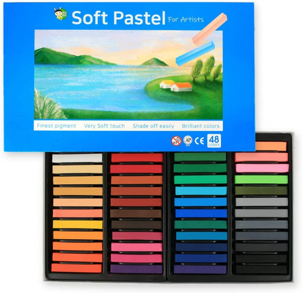 HASHI Non Toxic Long Soft Pastels Set for Professional - Square Chalks Brilliant Assorted Colors (48 Colors)
