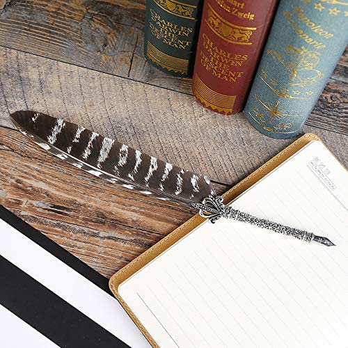 Vintage Antique Feather Pen Stem Metal Writing Quill Pen Set Calligraphy Pen Metal Carving Appearance,with 5 PCS Nibs (Black Wing)