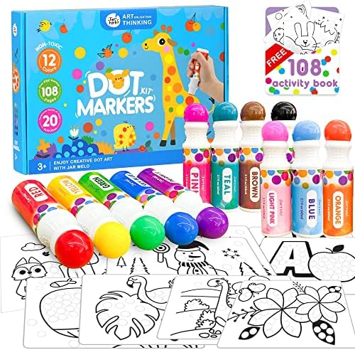 Jar Melo Washable Dot Markers Kit for 3-8+ Age Kids,12 Colors Non Toxic Dot Paint Markers with 108 Free Pdf Activity Book & Physical Sheets 2.1 fl.oz Bingo Daubers for Toddlers Art Craft Party Favors