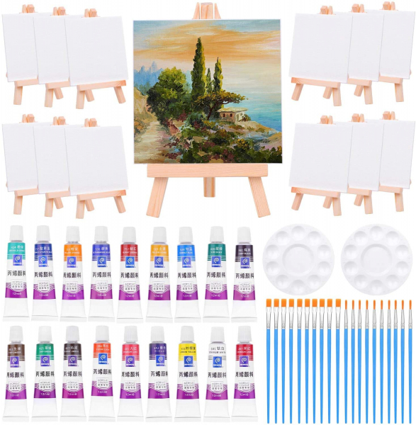 60 Pieces Mini Canvas Painting Set Includes 4x4 Inches Small Tiny Painting Canvas, Mini Easel, Acrylic Paint, Paintbrushes