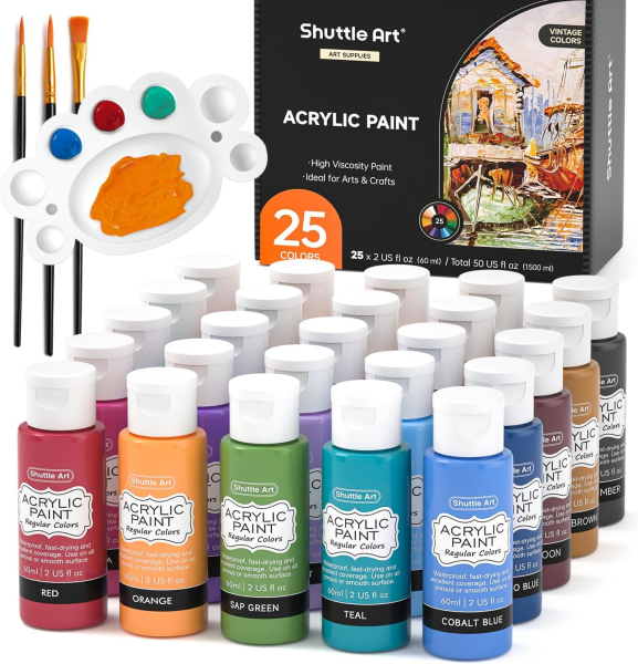 Acrylic Paint, 25 Vintage Colors Acrylic Paint Set, 2oz/60ml Bottles, Rich Pigmented, Premium Acrylic Paints for Artists, Beginners and Kids on Rocks Crafts Canvas Wood Ceramic