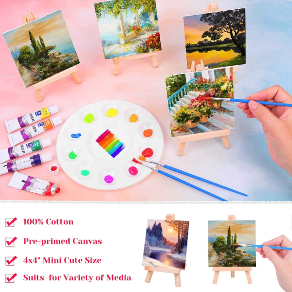 60 Pieces Mini Canvas Painting Set Includes 4x4 Inches Small Tiny Painting Canvas, Mini Easel, Acrylic Paint, Paintbrushes