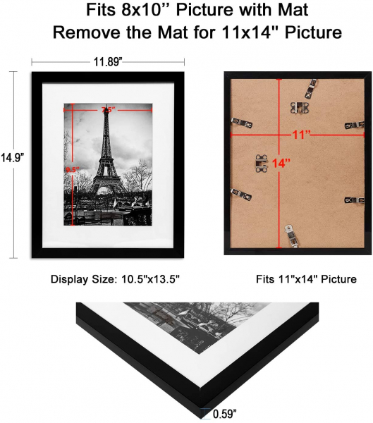 11x14 Picture Frame Set of 5,Display Pictures 8x10 with Mat or 11x14 Without Mat