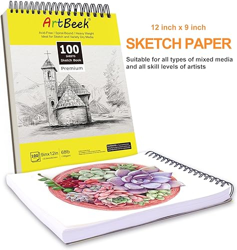 ArtBeek 9x12 inches Sketch Book Top Spiral Bound Sketch Pad 1 Pack 100-Sheets (68lb/100gsm) Sketchbook Drawing Pad Painting Writing Paper for Kids Adults Beginners Artists