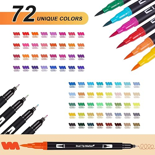 Dual Brush Marker Pens, 72 Colors Art Markers Set with Fine and Brush Tip for Kids Adult Coloring Book Bullet Journaling Note Taking Planner Hand Lettering Calligraphy Drawing Art Supplies Kit