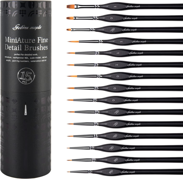 Golden Maple Miniature Paint Brushes, 15PC Model Brushes Micro Detail Paint Brush Set, Fine Detailing for Acrylics, Oils, Watercolors & Paint by Number, Citadel, Figurine, 40k (Black)