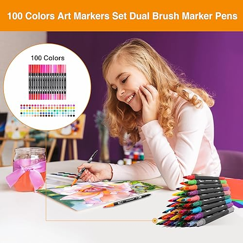 Dual Brush Marker Pens,100 Colors Markers Set,Dual-Tip Brush Pens Art Markers for Kids Adult Coloring Book Hand Lettering Journaling Note Calligraphy Drawing Art Supplies Kit,For Gifts