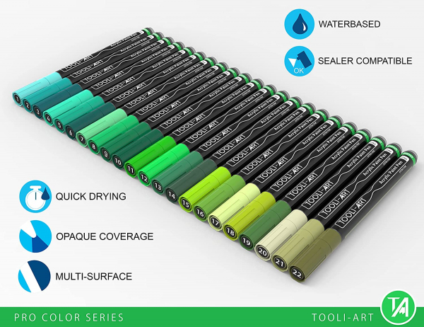 Acrylic Paint Pens 22 Green Tones Assorted Pro Color Series Markers Set