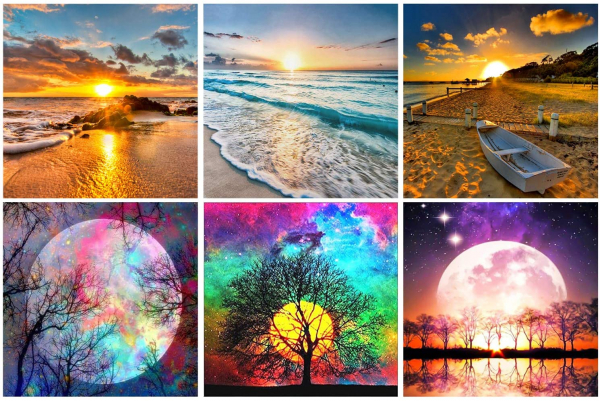 6 Pack 5D DIY Full Drill Diamond Painting Kits, Round Crystal Rhinestone Adults Diamond Painting Beach Picture for Home Decoration Moon(Cross-Stitch Patterns 12x12inch)