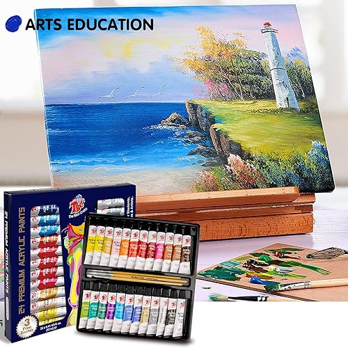 Acrylic Paint Set, 24 Vibrant Colors(12ml/0.4oz Tubes) Basic and Metallic Acrylic Paints for Artists, Ideal Acrylic Art Set for Canvas, Wood