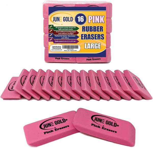 June Gold 16 Pink Rubber Erasers Perfect for classrooms, Homes & Offices
