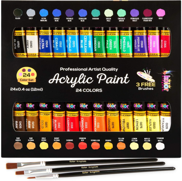 24-Color Acrylic Paint Set (12 ml) With 3 Brushes - For Canvas, Paper, Wood, Rock, Ceramic & Fabric