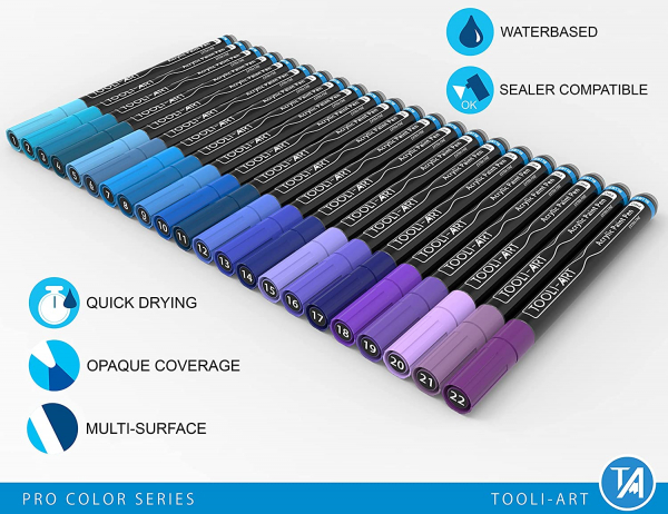 Acrylic Paint Pens Blue & Purple Tones 22 Assorted Pro Color Series Markers Set
