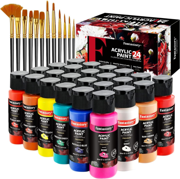 Acrylic Paint Set, 24 Classic Colors(2oz/60ml), Professional Craft Paint, Art Supplies Kit for Adults & Kids, Canvas/Fabric/Rock/Glass/Stone/Ceramic/Model/Wood Painting with 3 Brushes