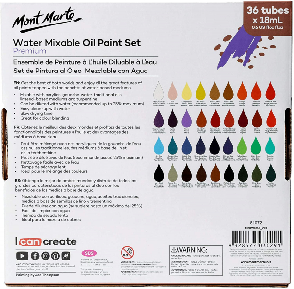 36 Piece Water Mixable Oil Paint Set, 18ml Tubes