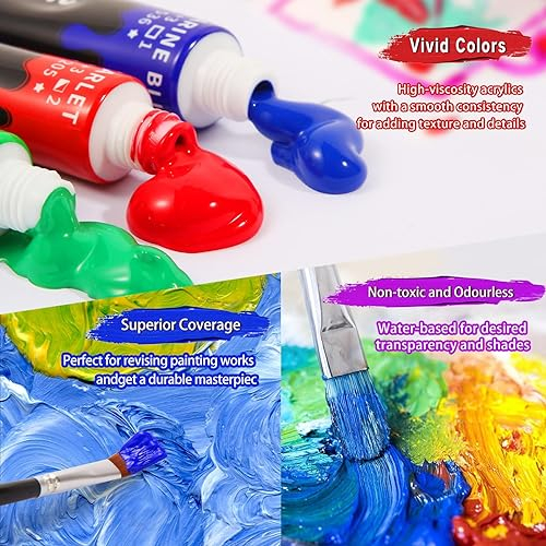 Acrylic Paint Set - Acrylic Paint 36 Colours 12ml Non-toxic Creamy Texture,Art Craft Paints for Adult Canvas Painting,Rock,Stone,Wood,Fabric,Crafts with 6 Brushes 2 Canvas 1 Palette 1 Folding Bucket