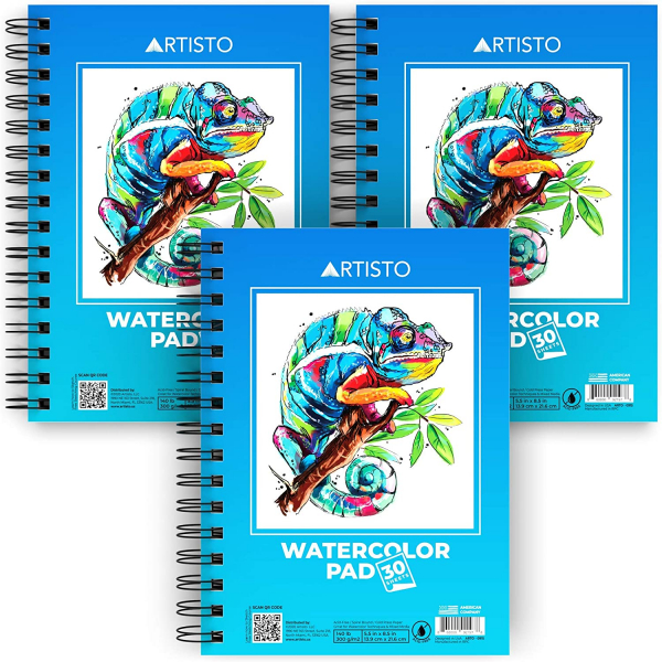 Artisto Watercolor Pads 5.5x8.5”, Pack of 3 (90 Sheets), Spiral Bound, Acid-Free Paper, 140lb (300gsm)