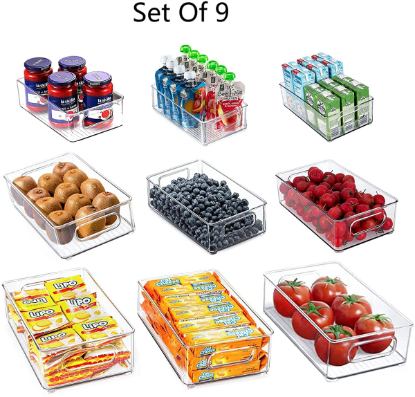 3 Sizes Pack of 9 Stackable Clear Food Storage Bins for Refrigerator, Kitchen Countertop
